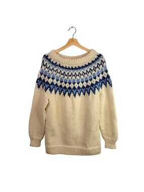 VTG Hand Knit Fair Isle Sweater Wool White Blue Nordic Crew Neck Icelandic Large